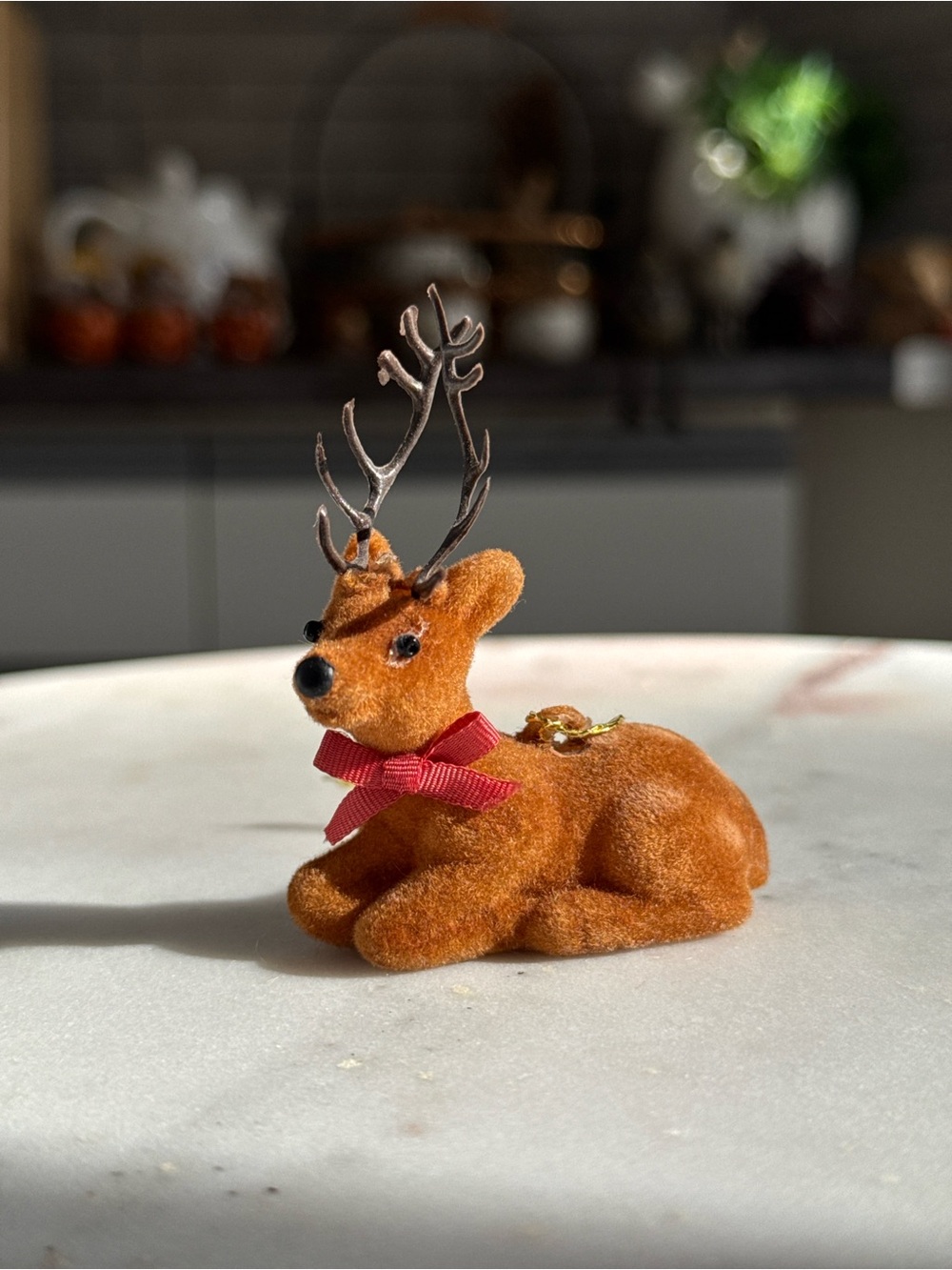 Vintage Flocked Reindeer Christmas Ornament Red Bow Deer Decor